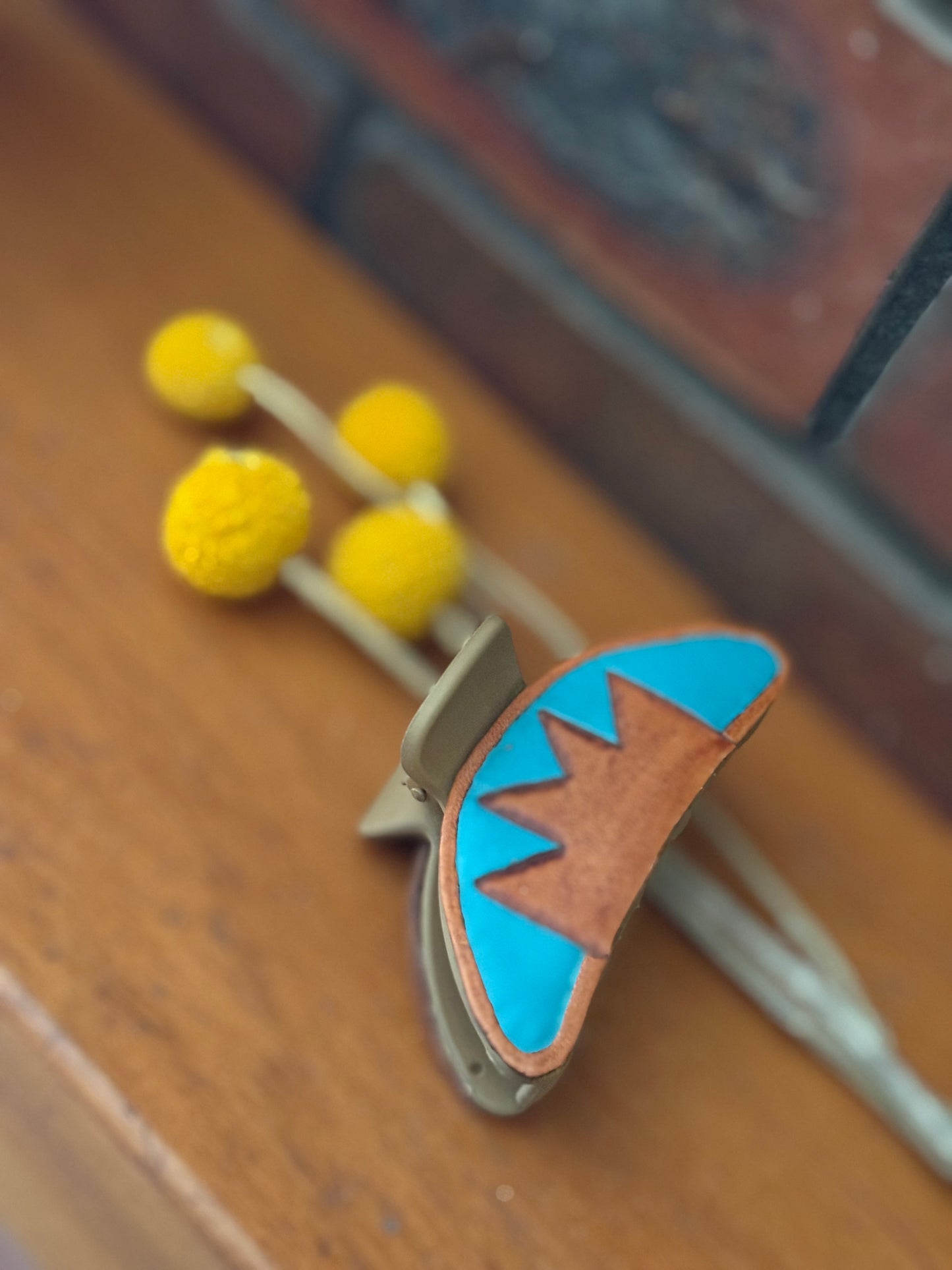 Tooled leather arched claw hair clip- Aztec