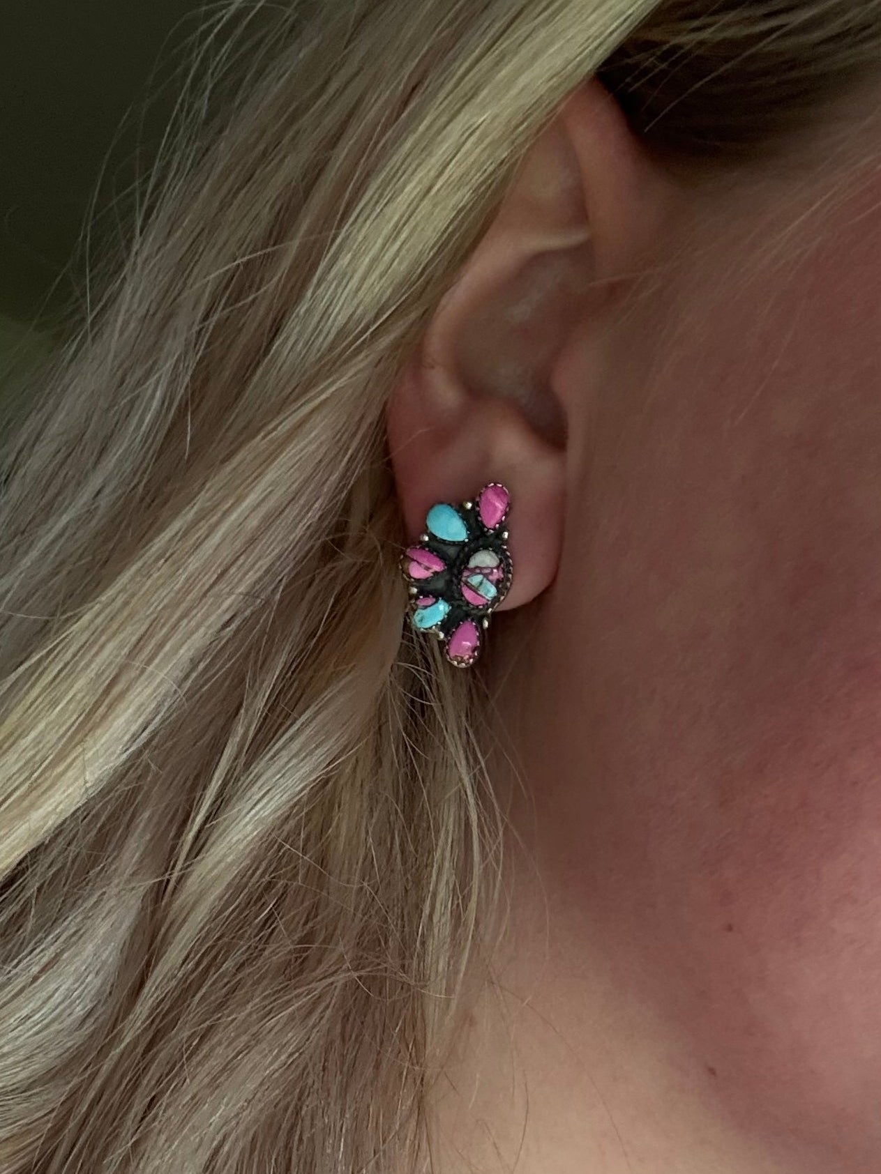Half bloom cotton candy turquoise stud earrings