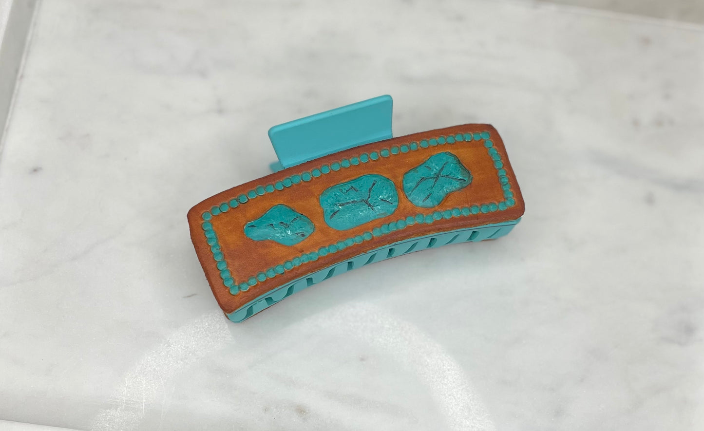 Tooled leather Turquoise claw clip