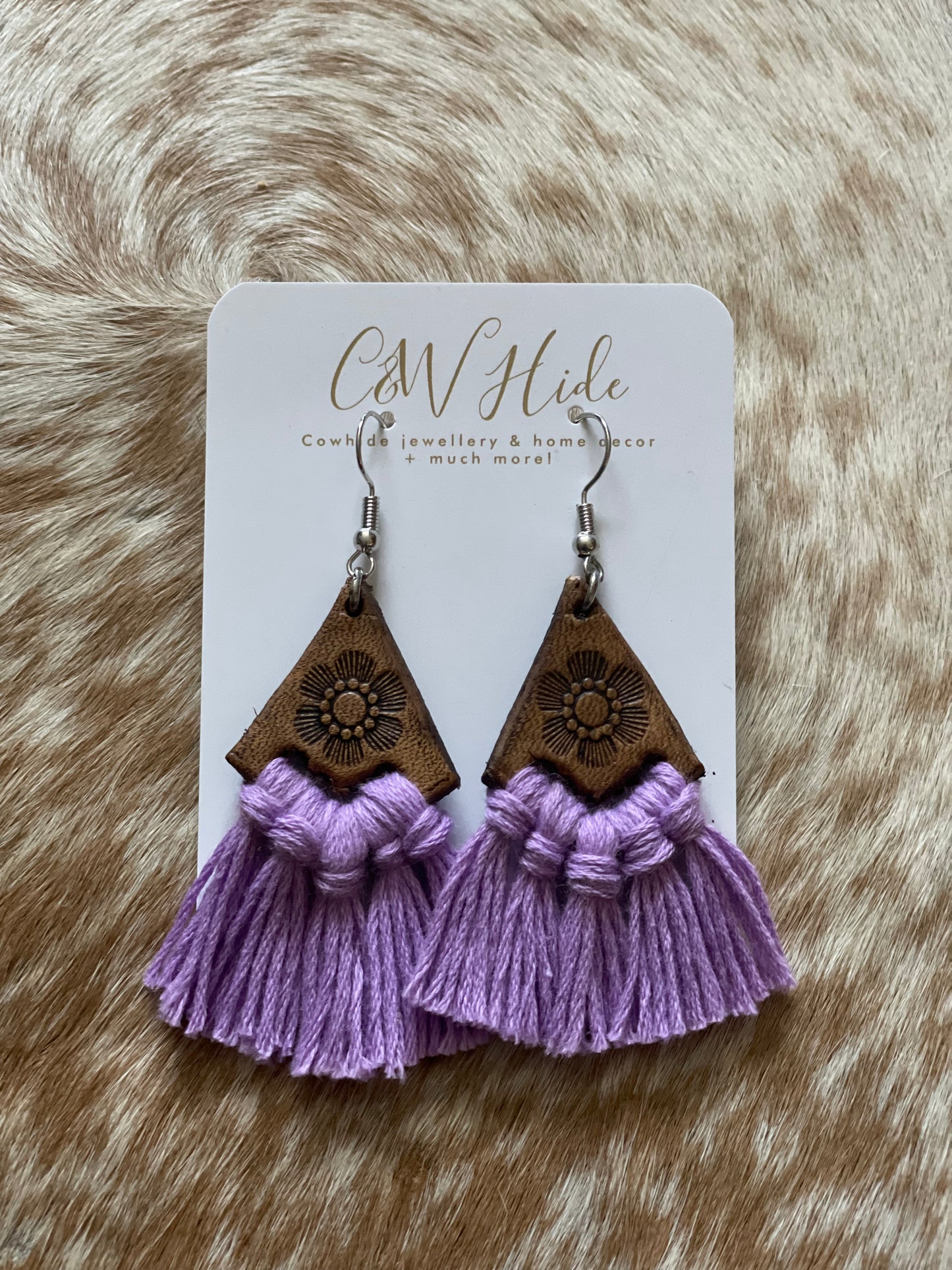 Tooled leather tassel dangle earrings