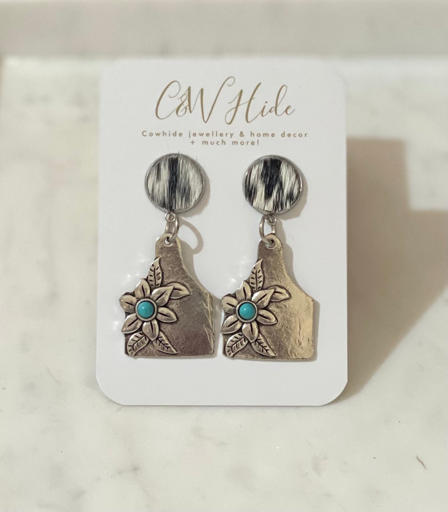 Cattle tag & Hide dangle earrings