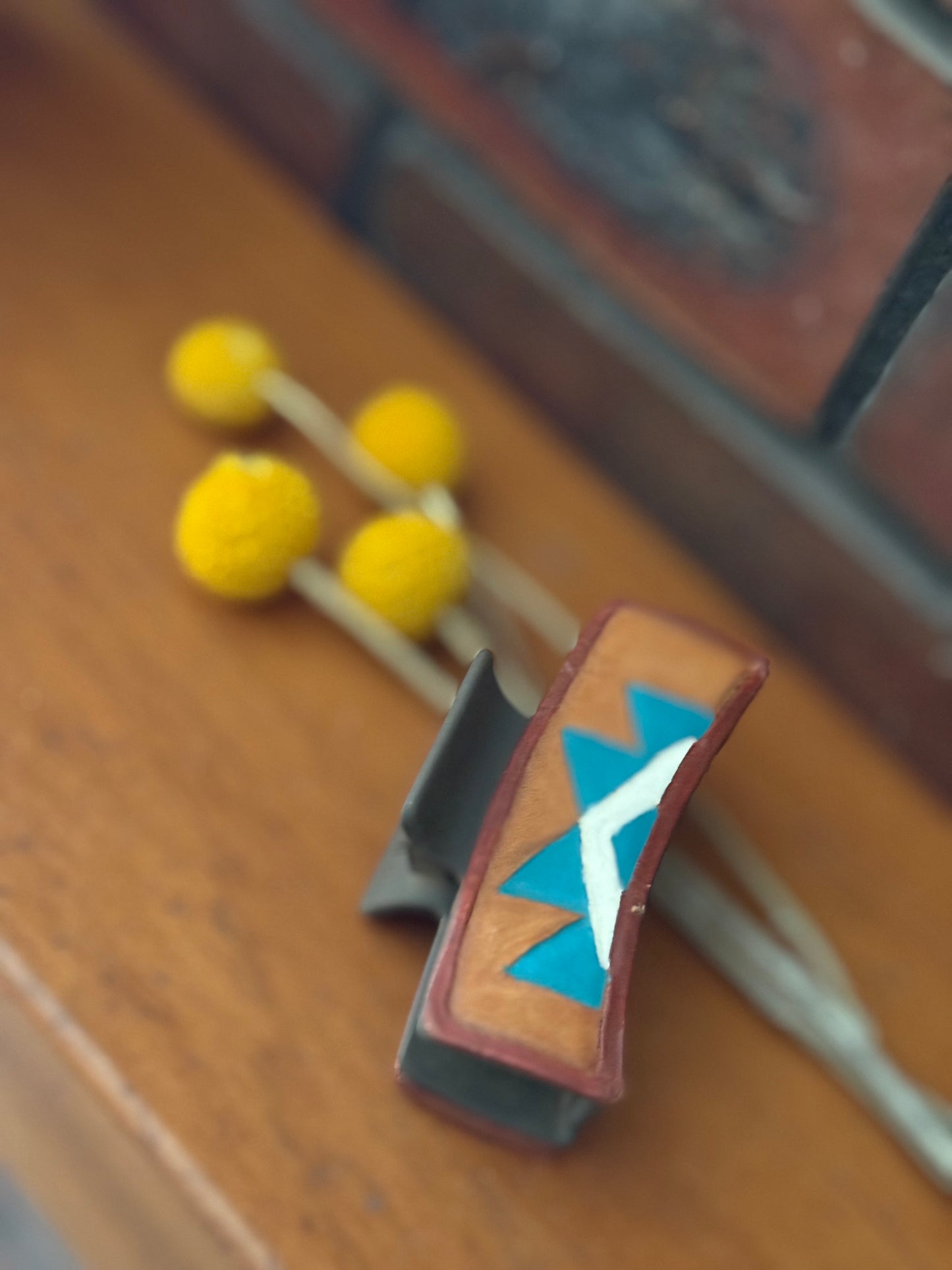 Tooled leather teal Aztec claw clip