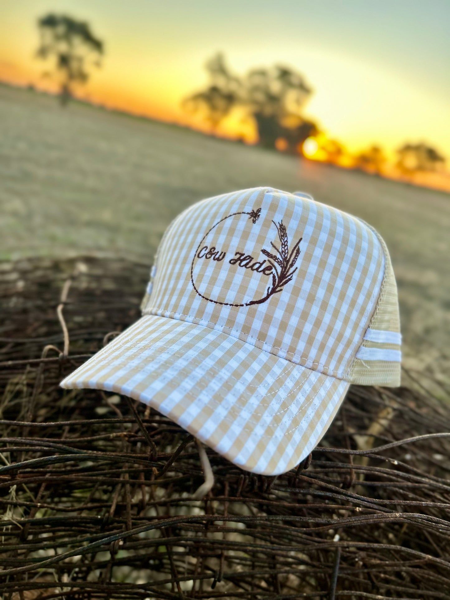 -TRUCKER CAP- C&W Hide’s light beige Gingham trucker cap.