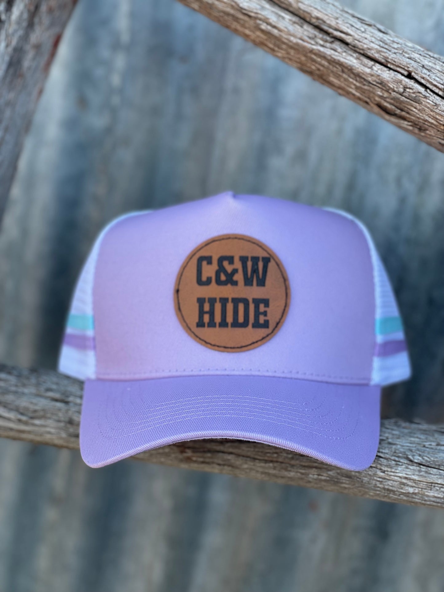 -TRUCKER CAP- C&W Hide’s- lavender, circle leather patch Trucker cap
