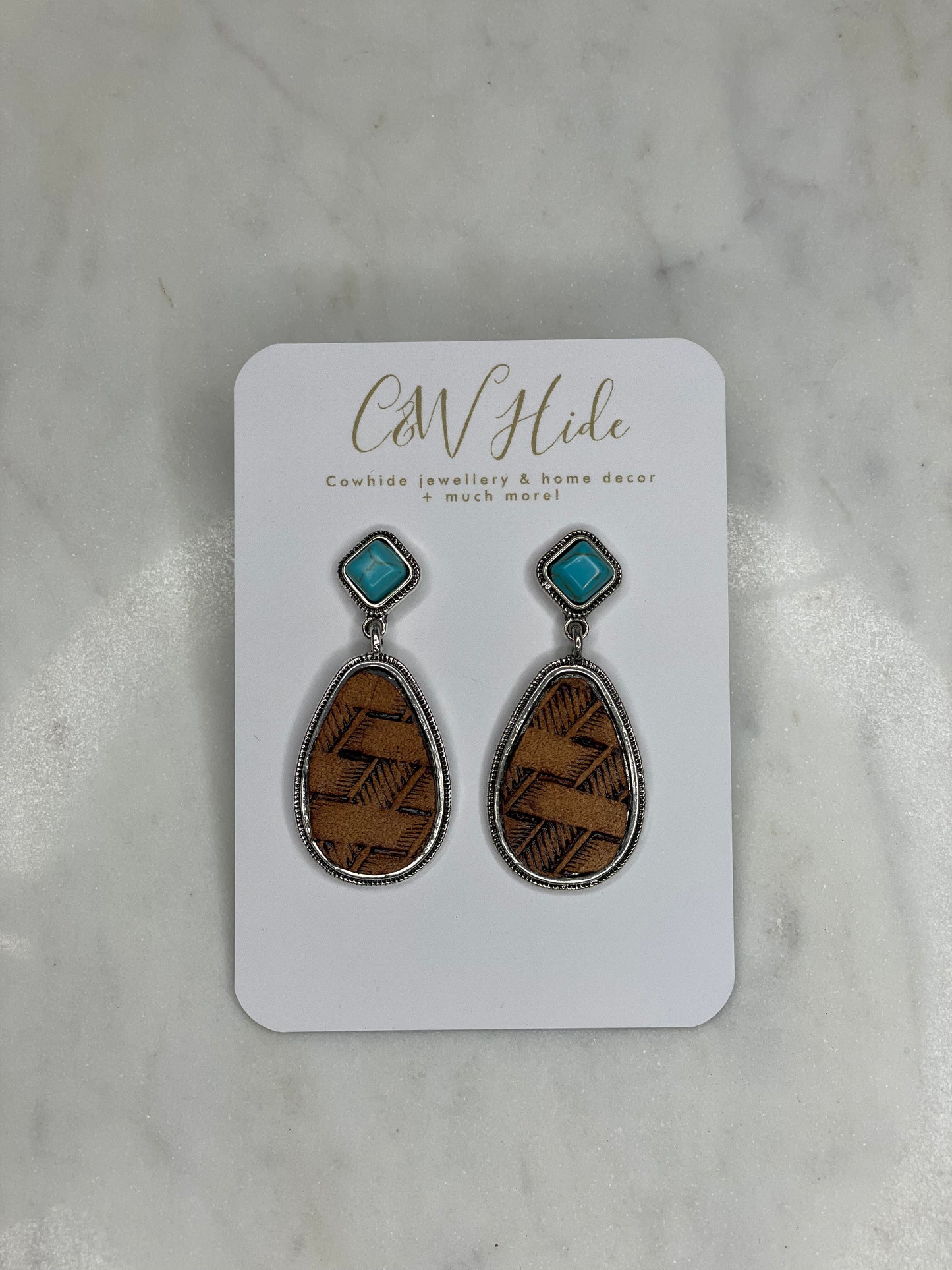 Turquoise stud with Basket weave tooled leather drop