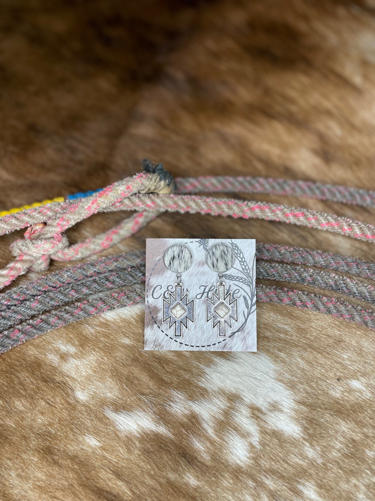 Hide stud & White buffalo Turquoise drop earrings