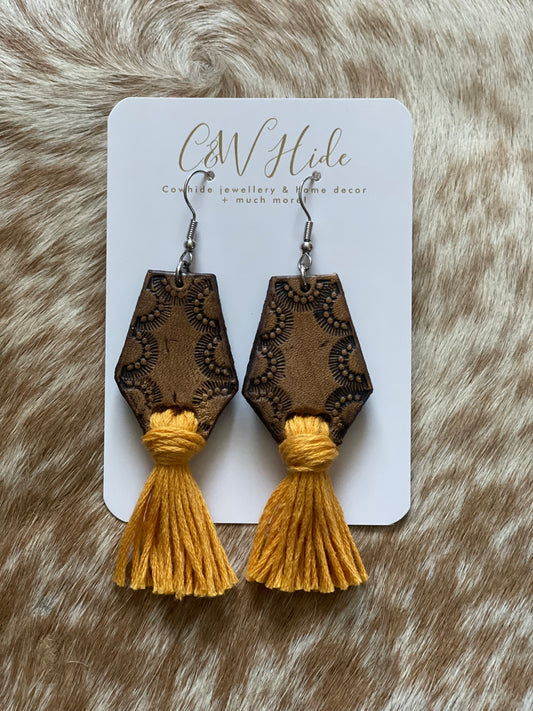 Tooled leather tassel dangle earrings