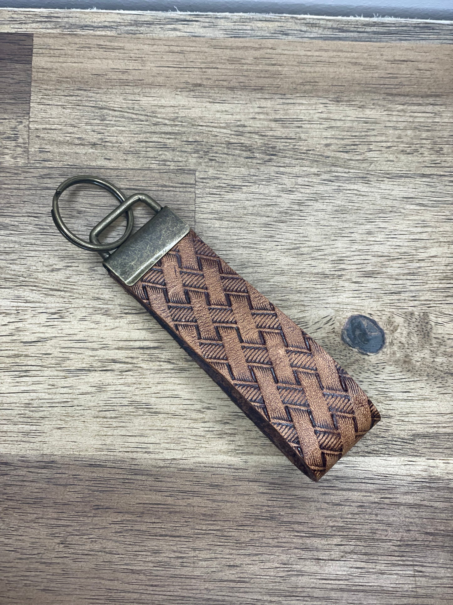 Basket weave tooled leather keychain (medium)