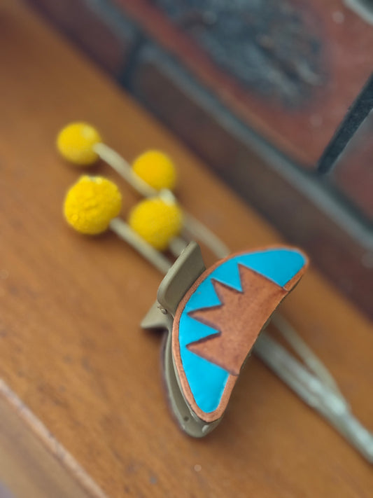 Tooled leather arched claw hair clip- Aztec