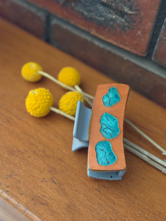 Tooled leather turquoise claw clip