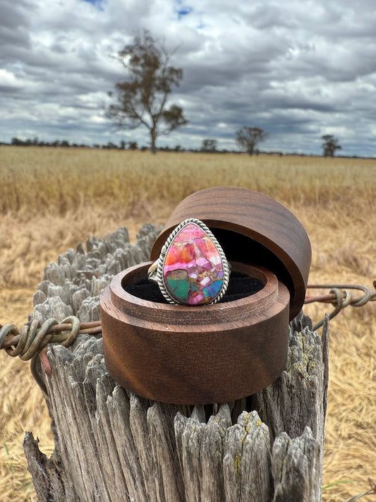 Pink Copper Turquoise tear drop sterling silver ring