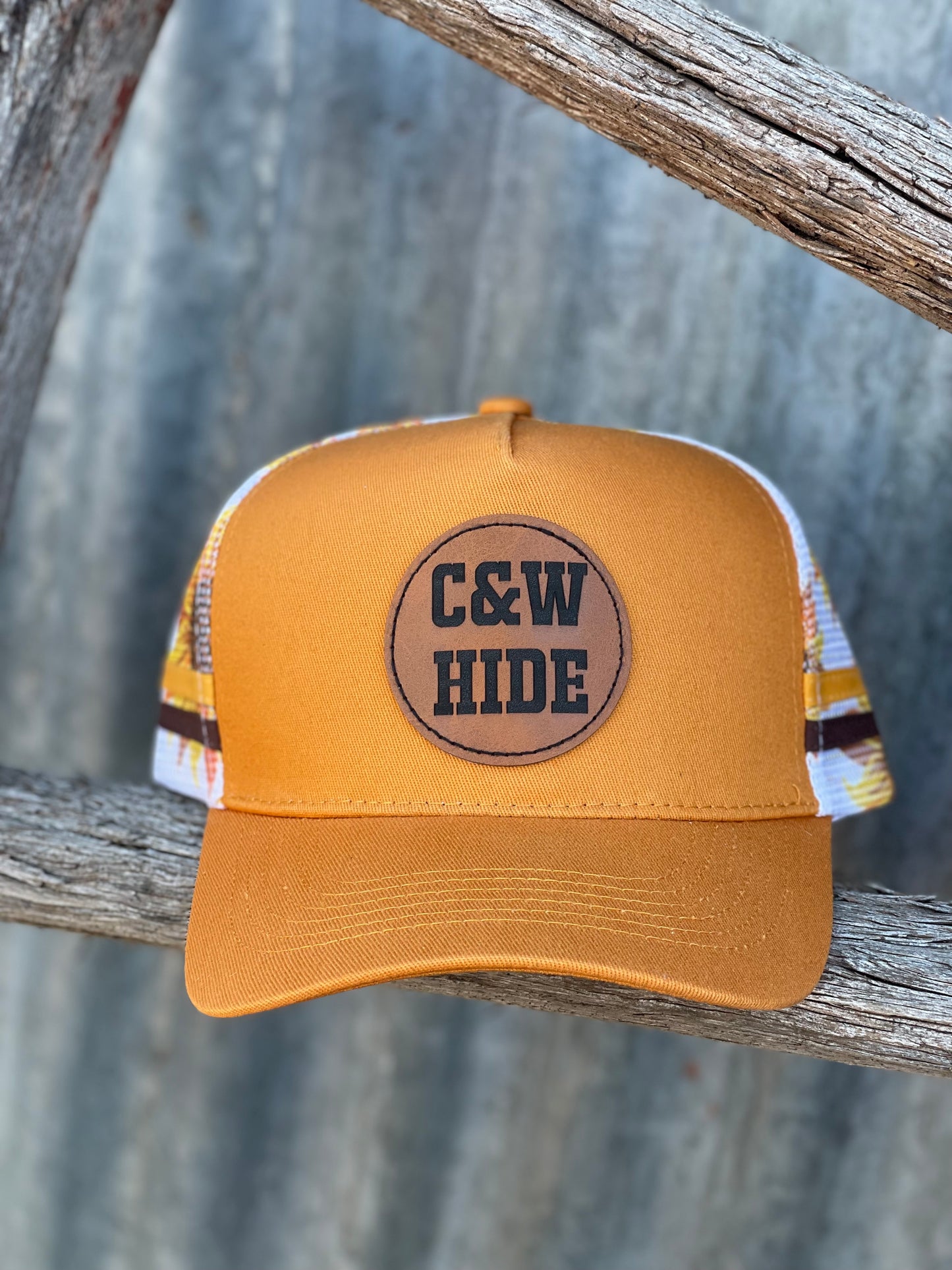 -TRUCKER CAP- C&W Hide’s- Mustard Sunflower, circle leather patch trucker cap