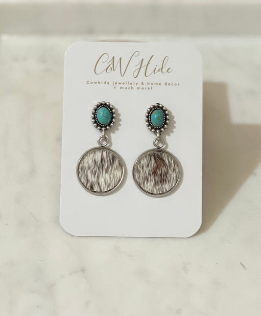 Turquoise stud & hide dangle earrings