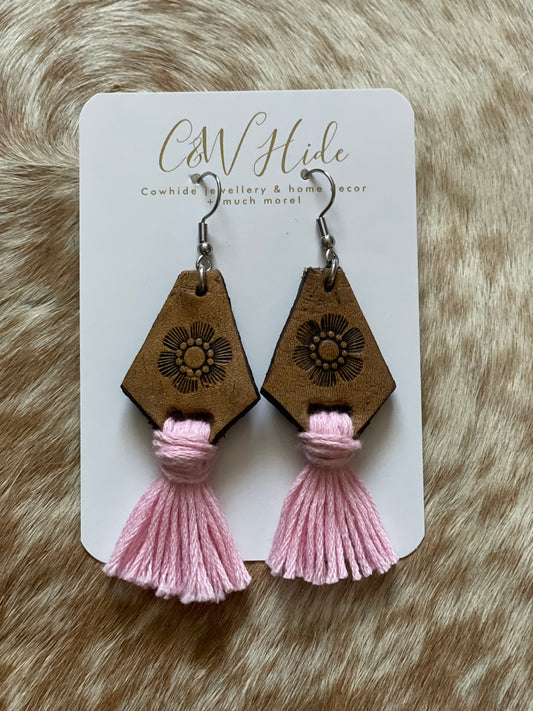 Tooled leather tassel dangle earrings