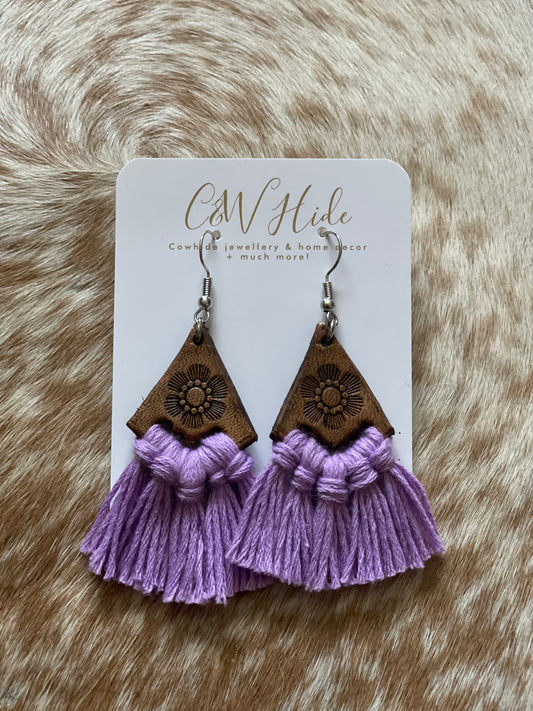 Tooled leather tassel dangle earrings