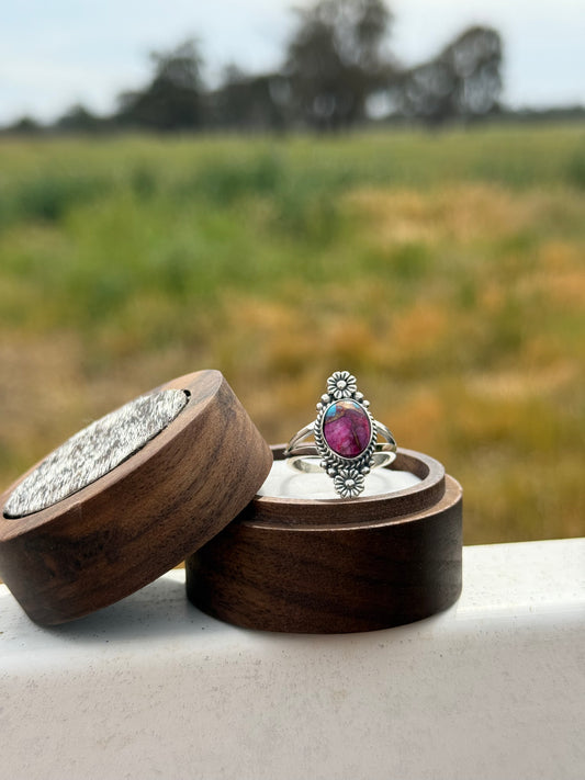 Genuine purple, copper, oyster turquoise “texas flower” sterling silver ring