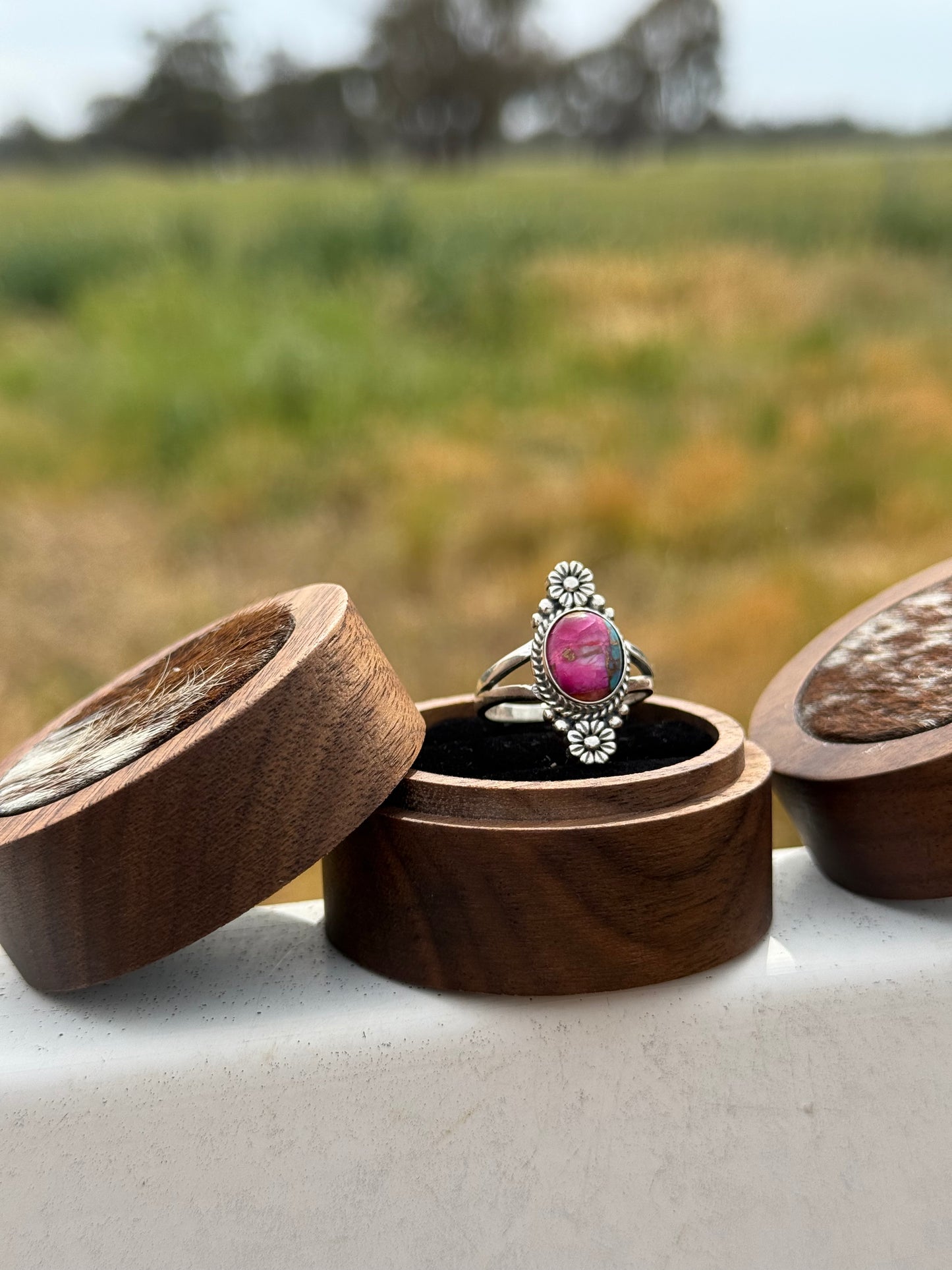 Genuine purple, copper, oyster turquoise “texas flower” sterling silver ring