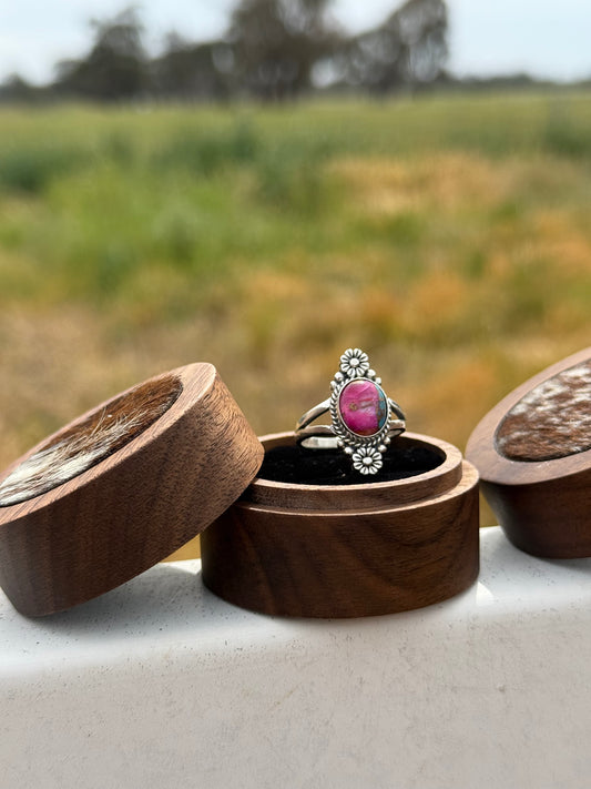 Genuine purple, copper, oyster turquoise “texas flower” sterling silver ring