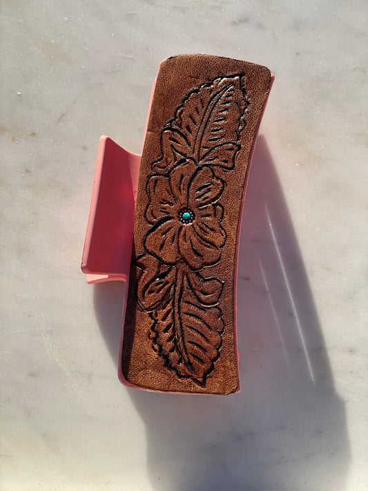 Tooled leather claw hair clip