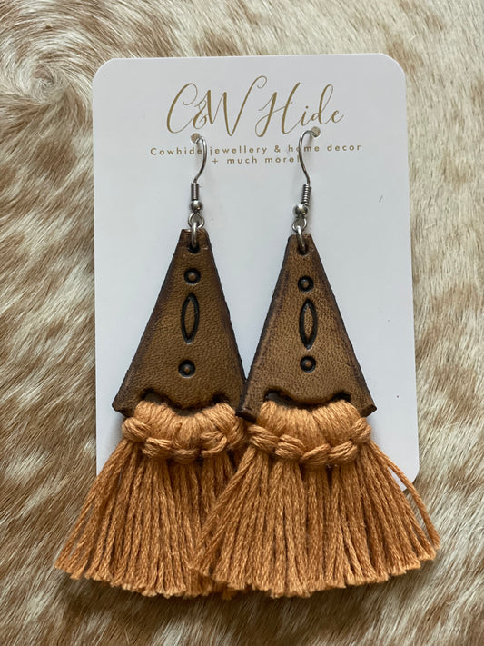 Tooled leather tassel dangle earrings