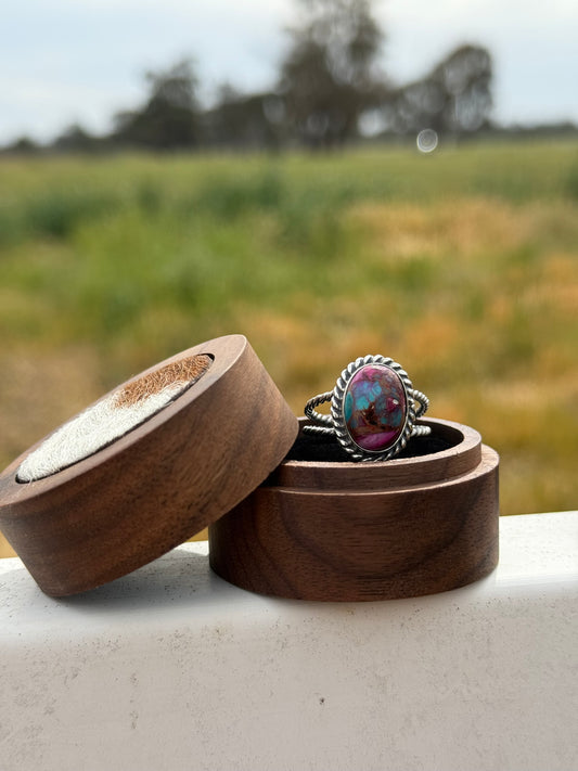 Genuine purple, copper, oyster turquoise “The roper” sterling silver ring