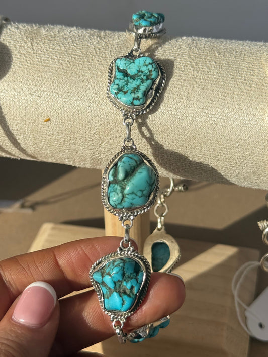 Large raw turquoise sterling silver bracelet