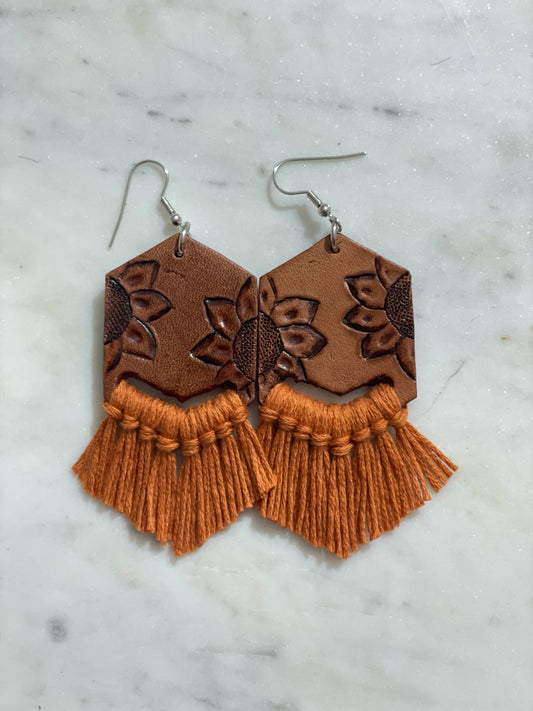 Tooled leather sunflower tassel earrings