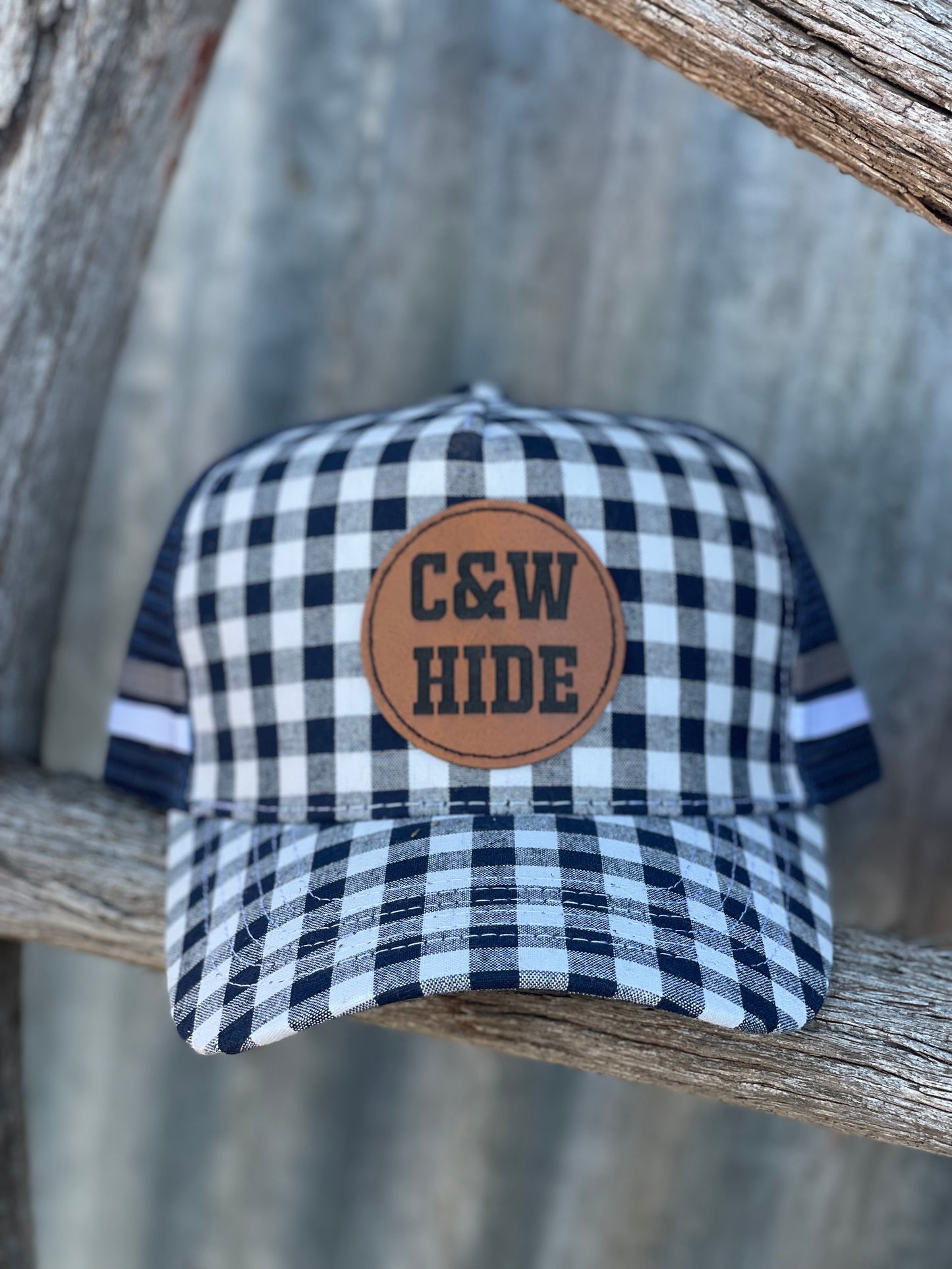 -TRUCKER CAP- C&W Hide’s- Navy & White Gingham, circle leather patch trucker cap.