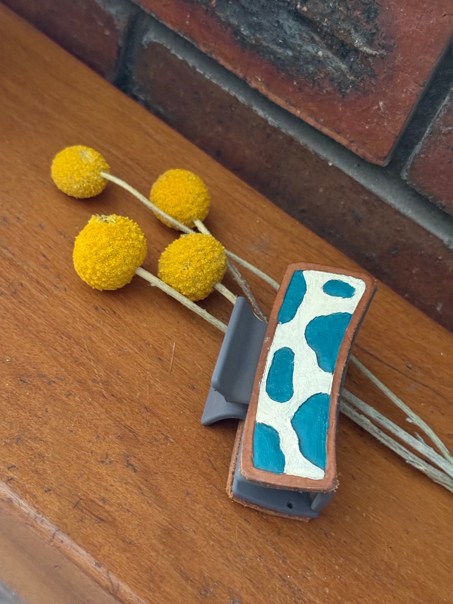 Tooled Leather cow print claw clip