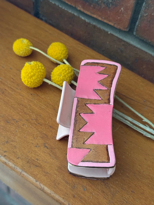 Pink Aztec tooled leather claw hair clip