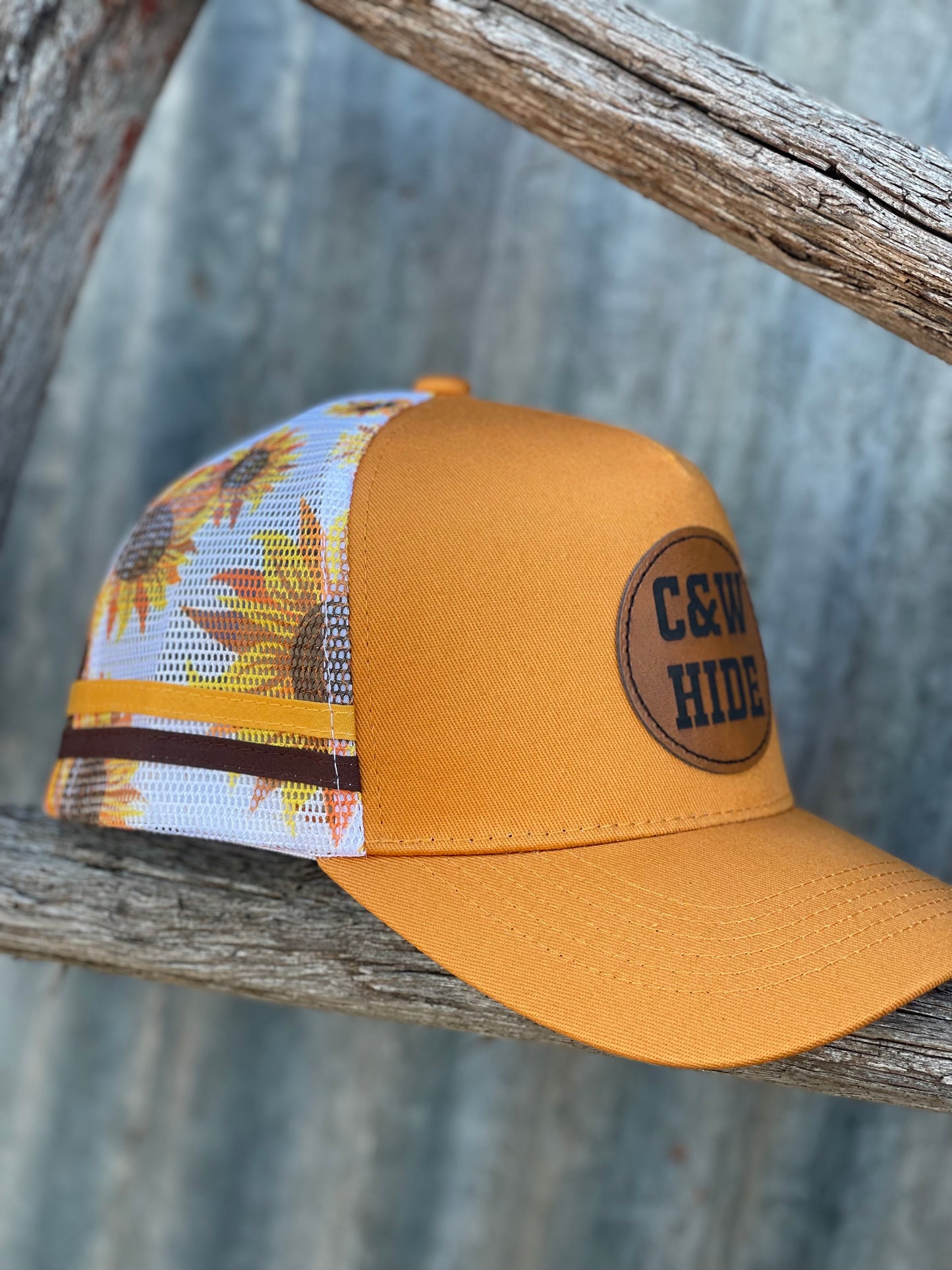 -TRUCKER CAP- C&W Hide’s- Mustard Sunflower, circle leather patch trucker cap