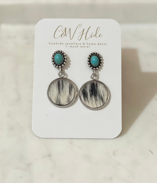 Turquoise stud & hide dangle earrings