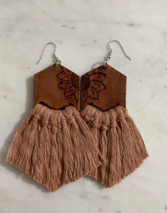 Tooled leather sunflower tassel earrings