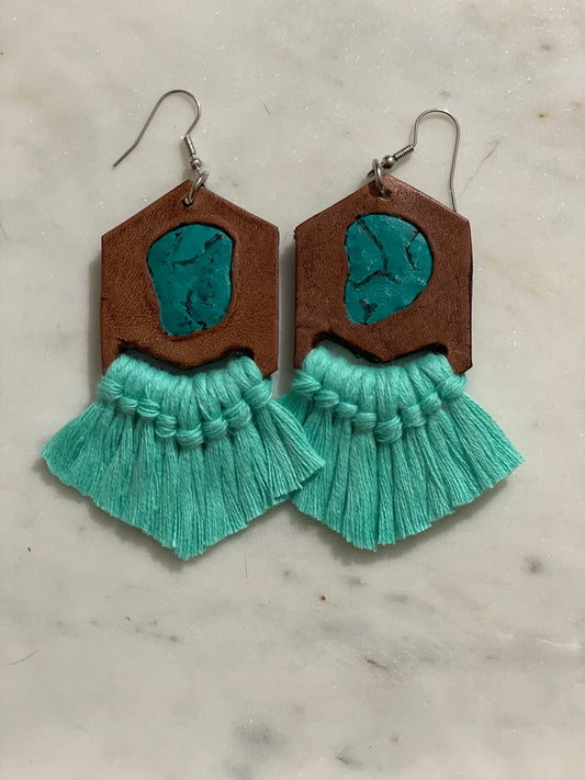 Tooled leather Turquoise tassel earrings