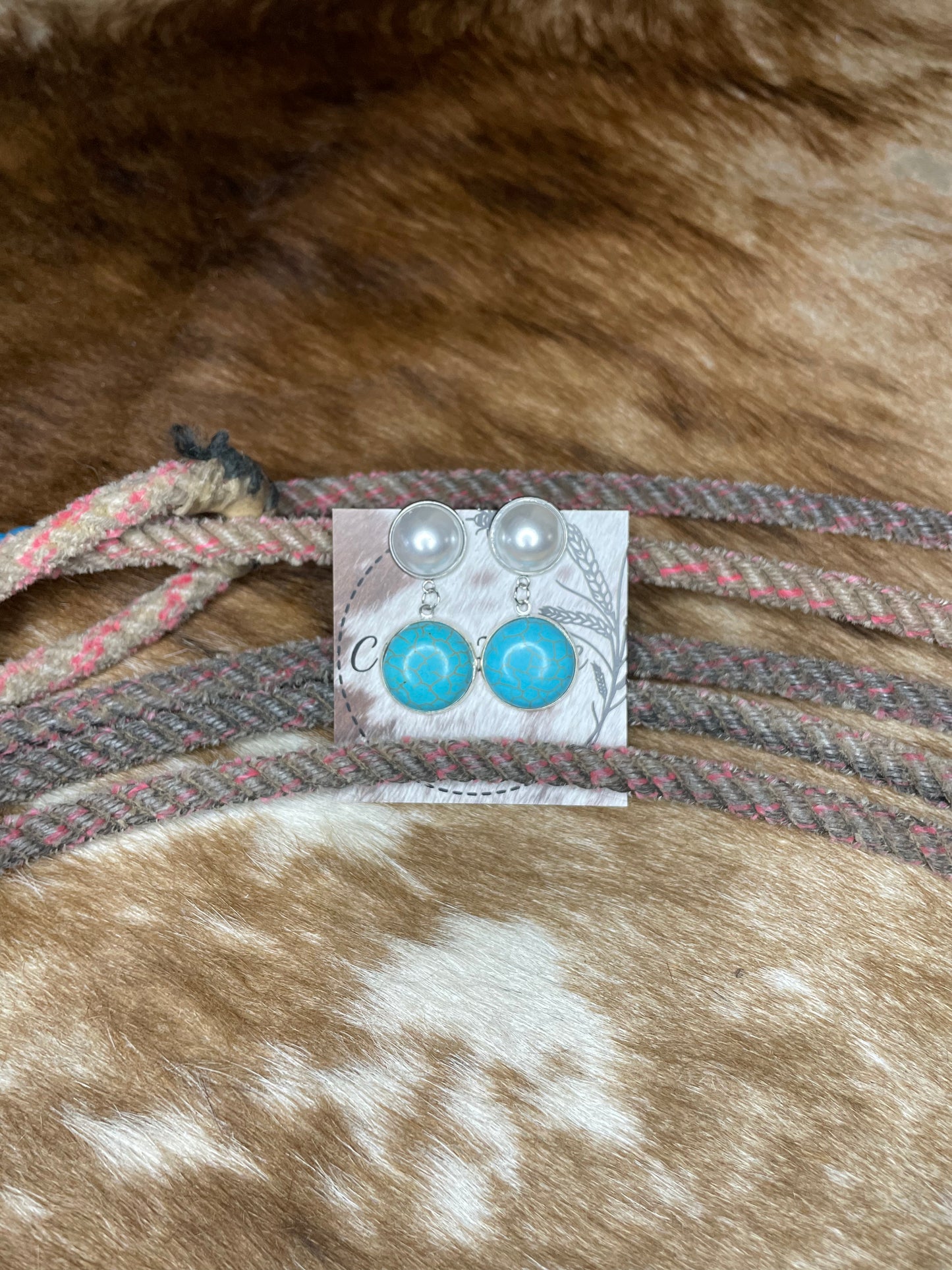Pearl stud with turquoise drop earrings
