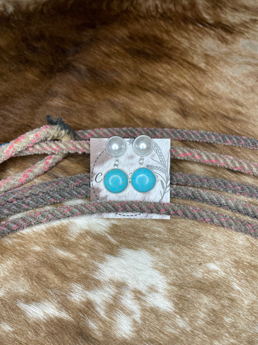 Pearl stud with turquoise drop earrings