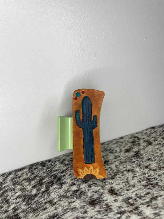 Cactus & sunflower- Tooled leather claw clip